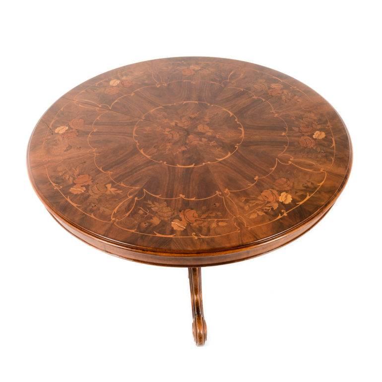 Inlay Italian Carved Base Marquetry Top Round Table Circa 1950