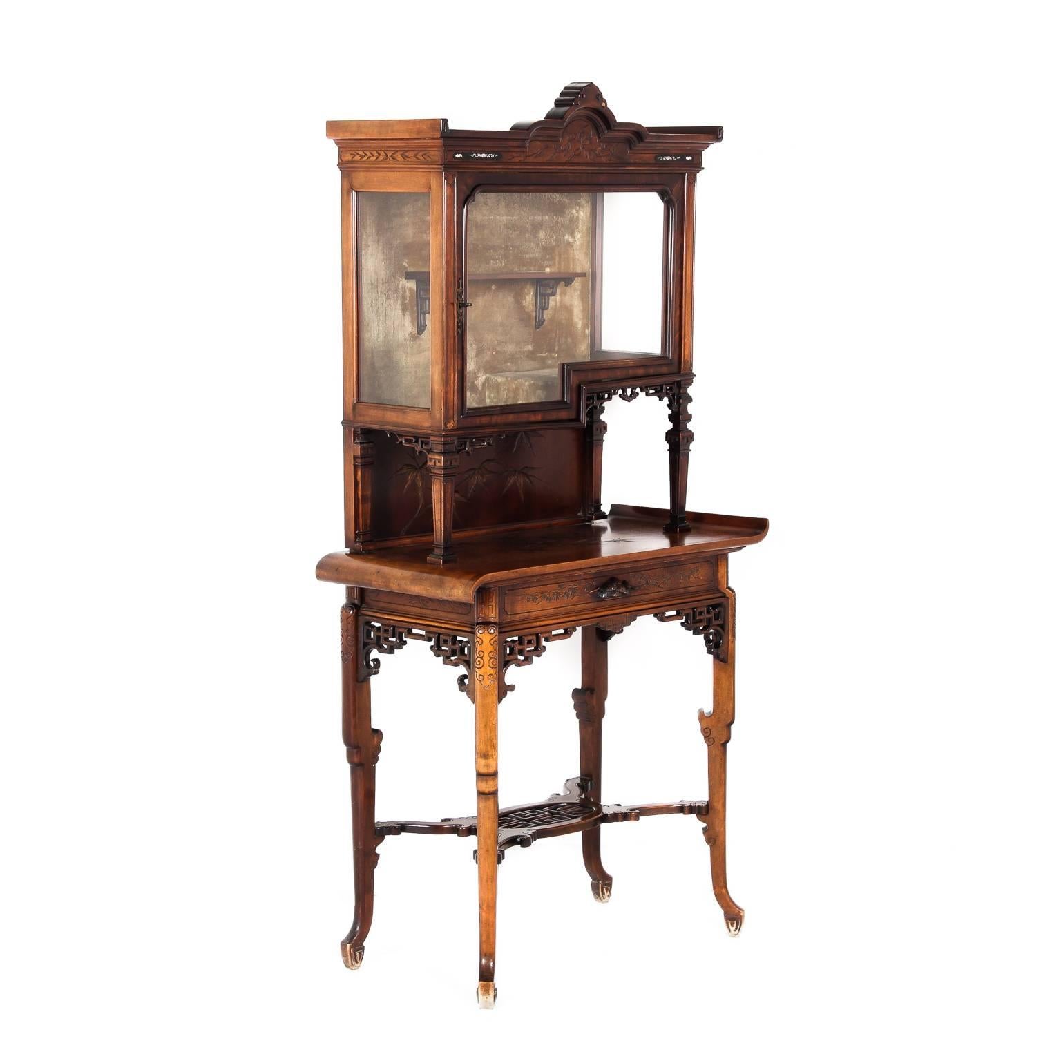 Chinoiserie Antique French Asian-Style Walnut Vitrine with Mother-Of-Pearl Inlay, circa 1890