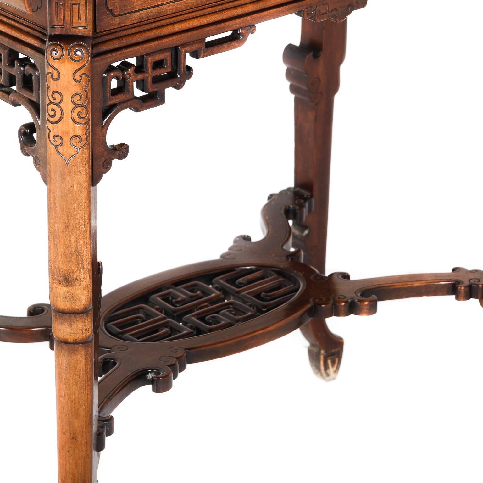Hand-Carved Antique French Asian-Style Walnut Vitrine with Mother-Of-Pearl Inlay, circa 1890