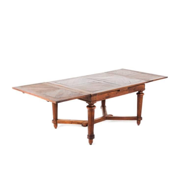 Parquetry Antique Rustic French Oak Parquet Top Draw-Leaf Table Circa 1920