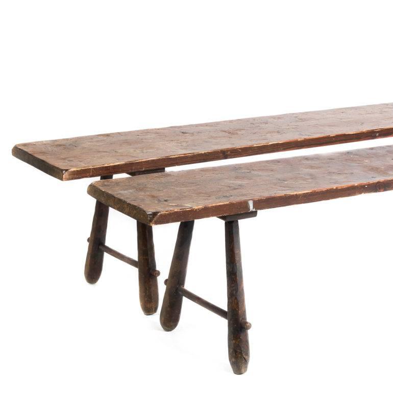 Country Antique French Pine Benches in Pair, circa 1880