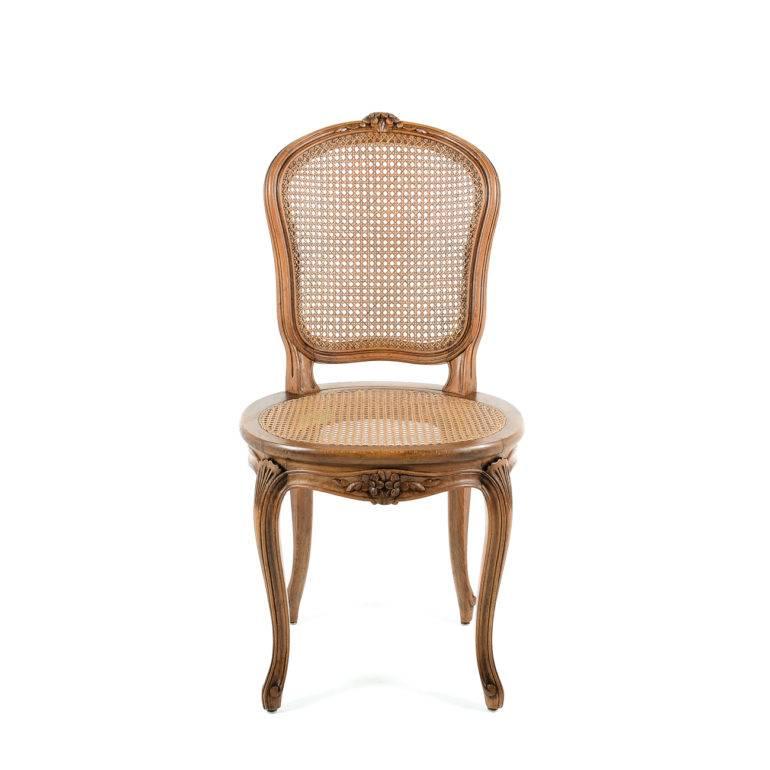 Set of six French chairs, made of cherry, with delicate carvings highlighting the back of each. Early-20th century, with caning in good condition.

Offers invited.



 