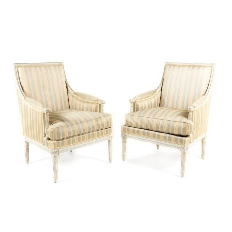 Classic French Louis XVI-style French Bergère armchairs, from the mid-20th century. Chairs are down filled and very comfortable.





.