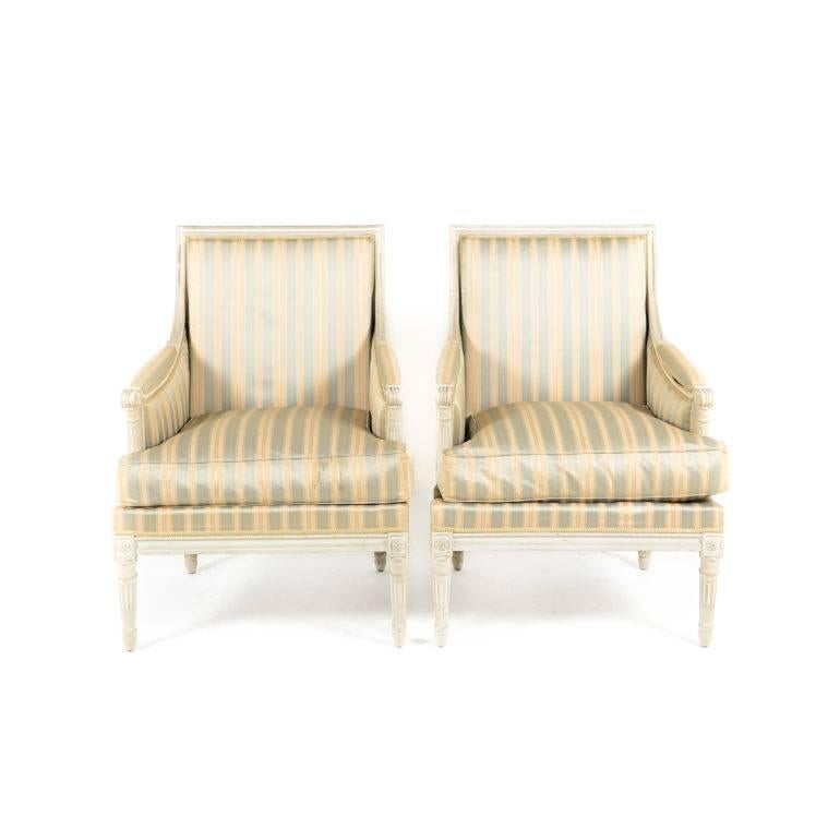 Vintage Louis XVI Style Bergère Down Filled Armchairs from Paris.  In Excellent Condition In Vancouver, British Columbia