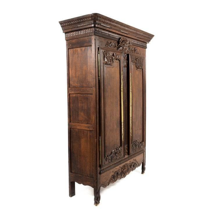 Antique French HandCarved "Marriage" Armoire in Oak and Brass, 19th