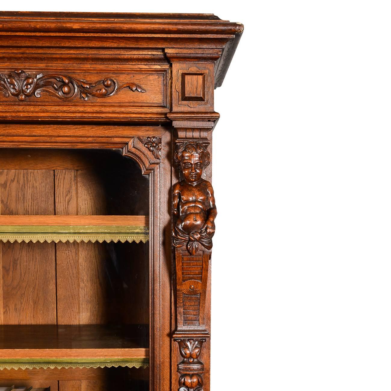 Renaissance Revival Monumental Antique French Oak Hand-Carved Hunters Bookcase, 19th Century