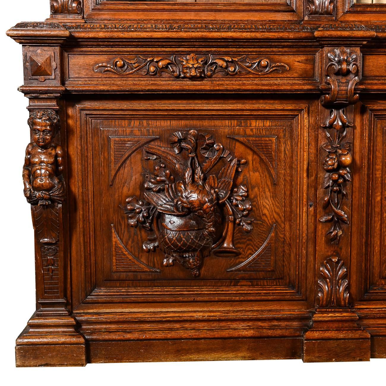 Monumental Antique French Oak Hand-Carved Hunters Bookcase, 19th Century In Excellent Condition In Vancouver, British Columbia