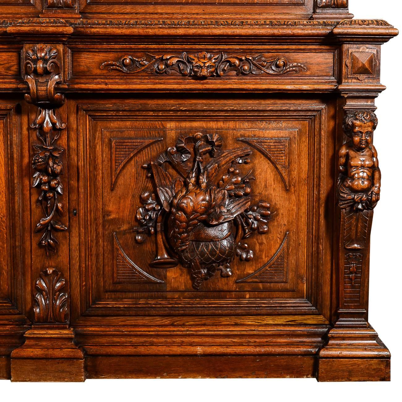 Monumental Antique French Oak Hand-Carved Hunters Bookcase, 19th Century 1