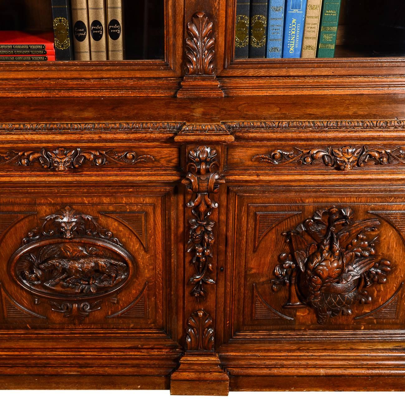 Monumental Antique French Oak Hand-Carved Hunters Bookcase, 19th Century 2