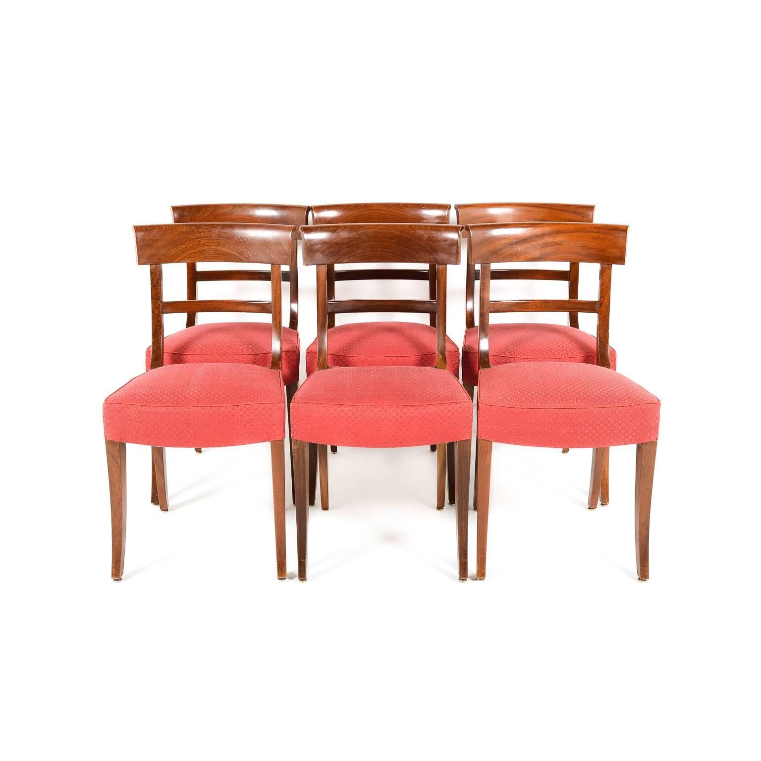 Antique set of six mahogany French Regency style sabre-leg chairs, circa 1930. Very clean lines on these pieces, and sturdy enough for everyday use.






         