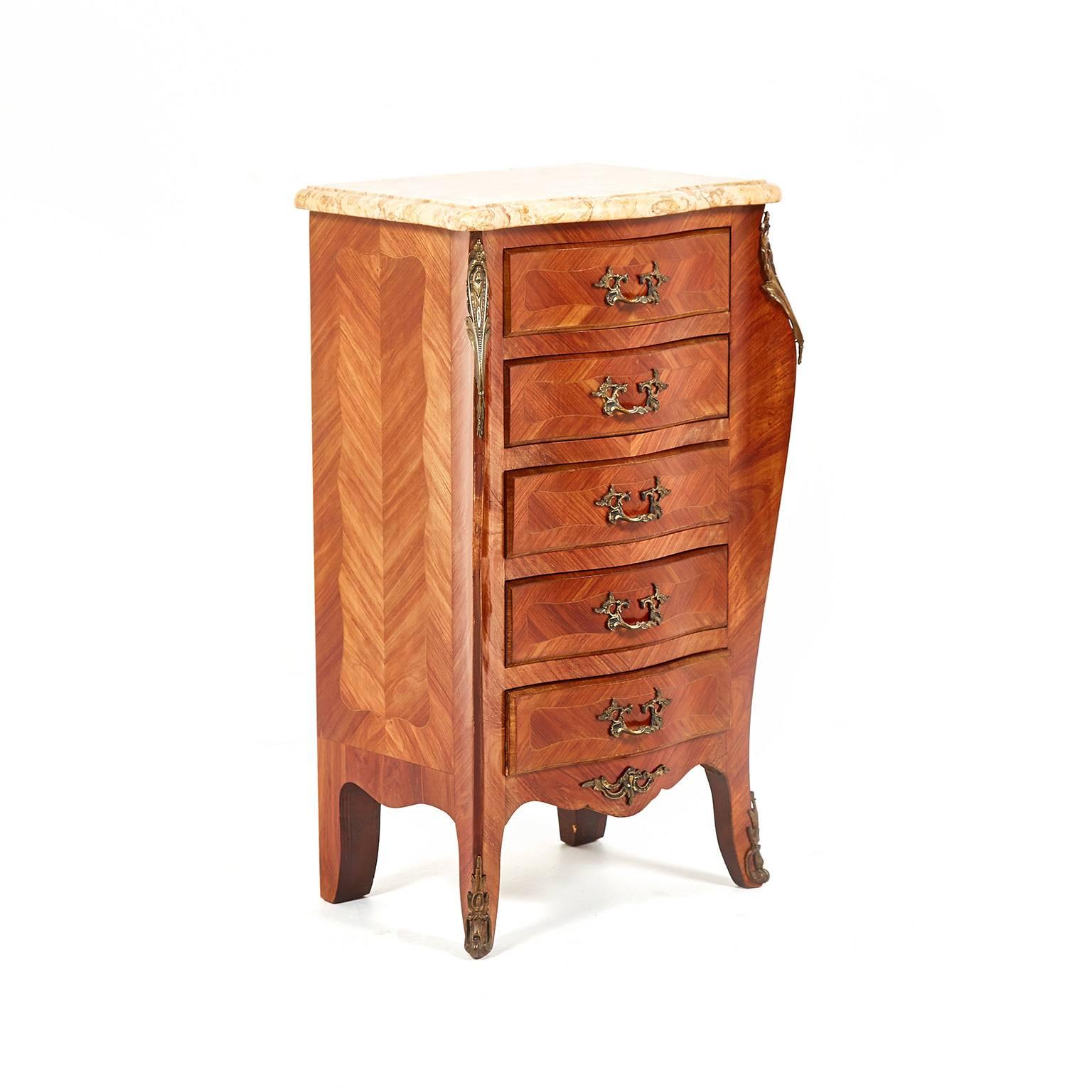 Inlay Inlaid Kingwood Marble-Top ‘Bombe’ Chest, circa 1930