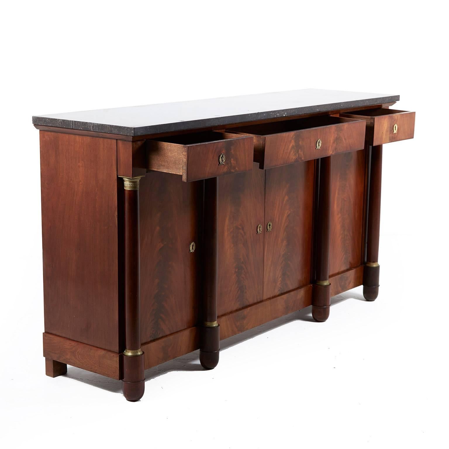 French Antique Empire Style Mahogany Sideboard with Columns and Marble Top, circa 1910
