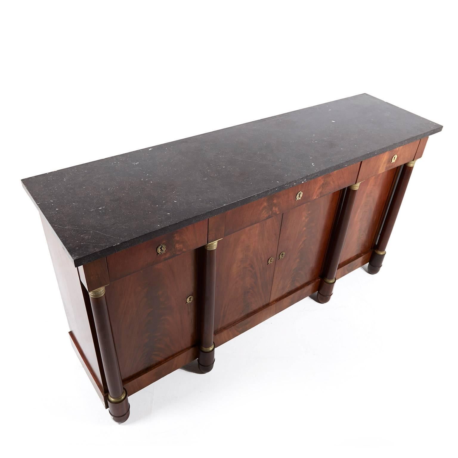 Antique Empire Style Mahogany Sideboard with Columns and Marble Top, circa 1910 In Excellent Condition In Vancouver, British Columbia
