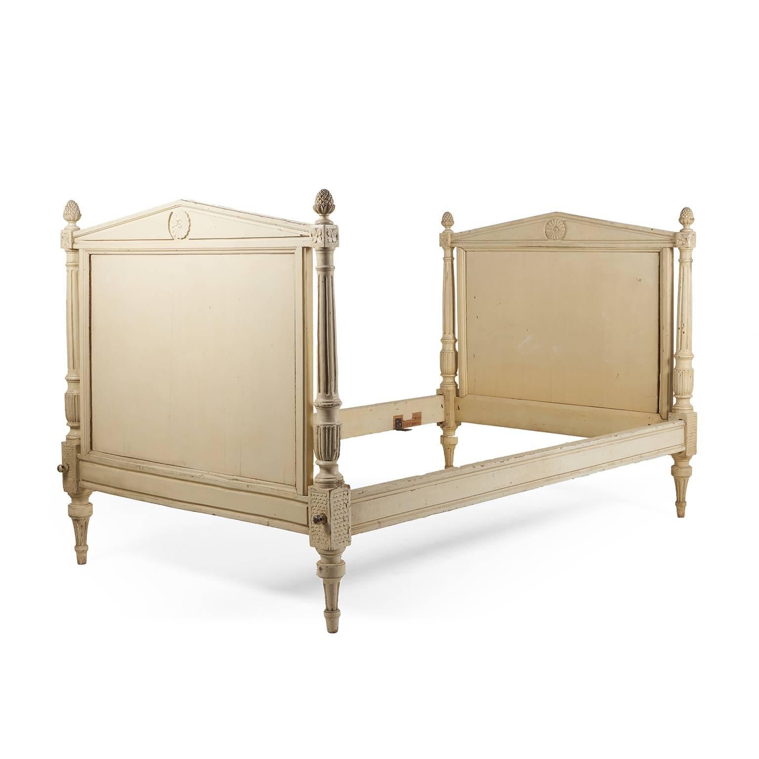 Original paint on this Directoire period daybed from Paris. Lovely detail, very sturdy and usable.

Outside measurements – 74″ Long x 44″ Wide x 42″ Tall. 
Mattress size requirement 40.5″ x 67.5″.