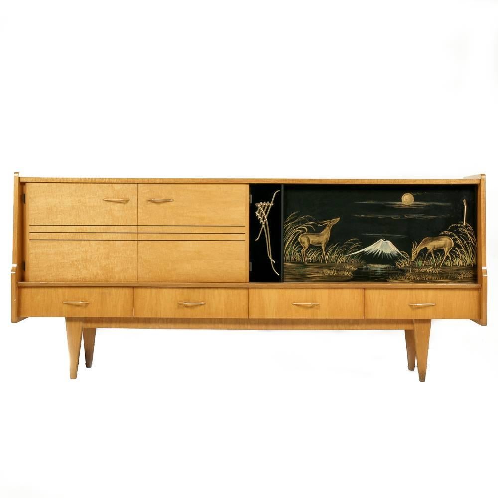 French Mid-Century Modern Buffet or Sideboard with Hand-Painted Glass