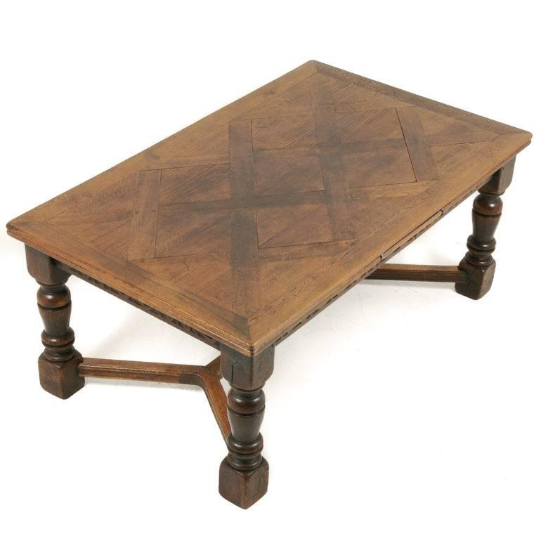French Oak Parquet Top Draw-Leaf Table In Excellent Condition In Vancouver, British Columbia