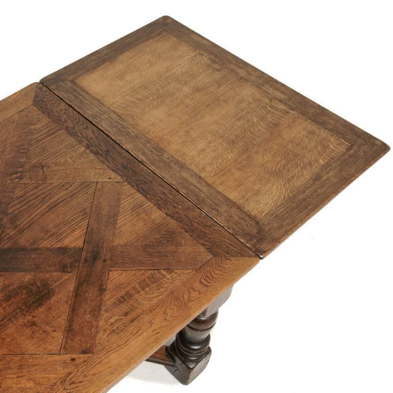 20th Century French Oak Parquet Top Draw-Leaf Table