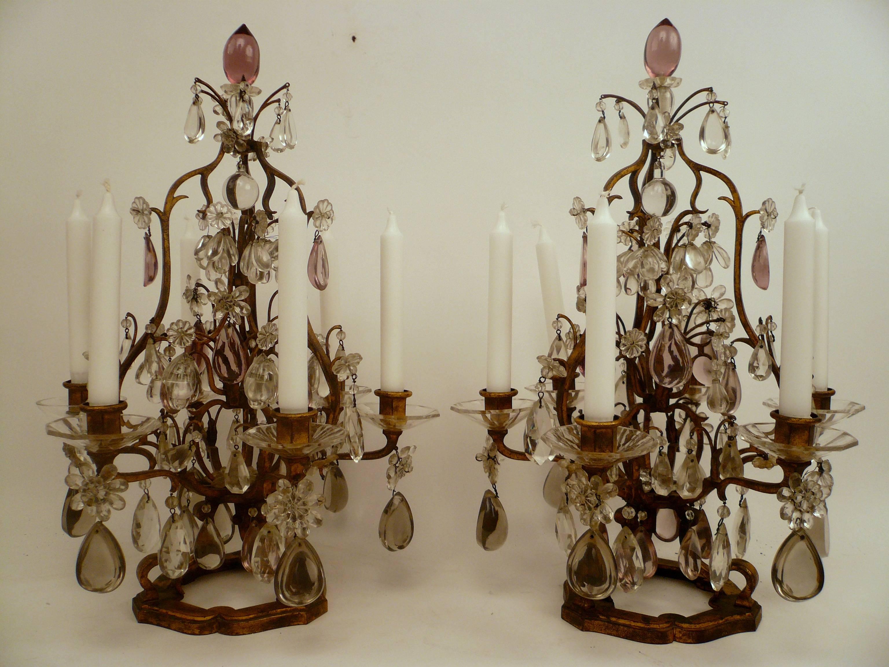 French Pair Louis Style Gilt Iron And Cut Crystal Candelabra