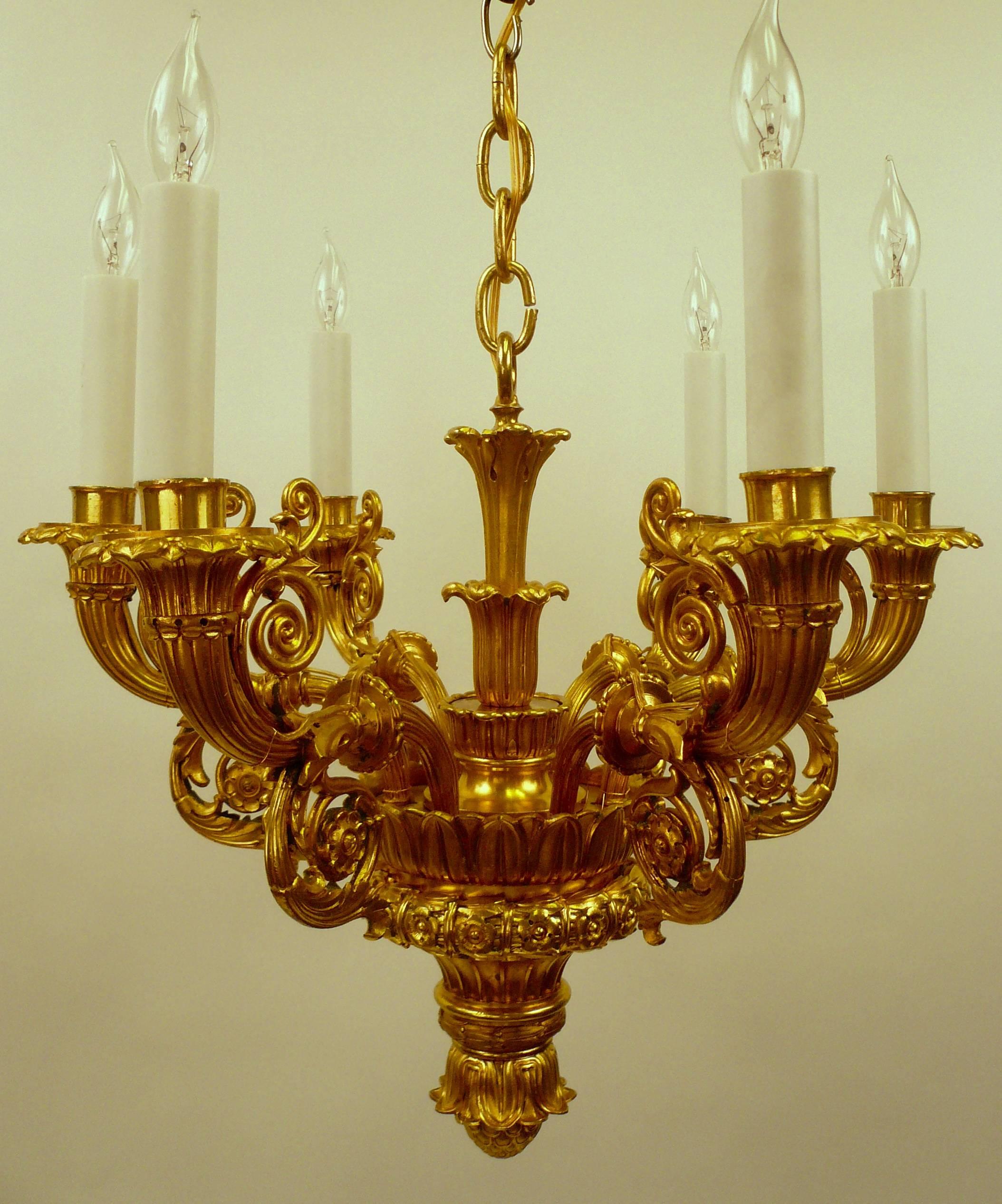 19th Century French Empire Style Six Light Gilt Bronze Chandelier In Excellent Condition In Pittsburgh, PA