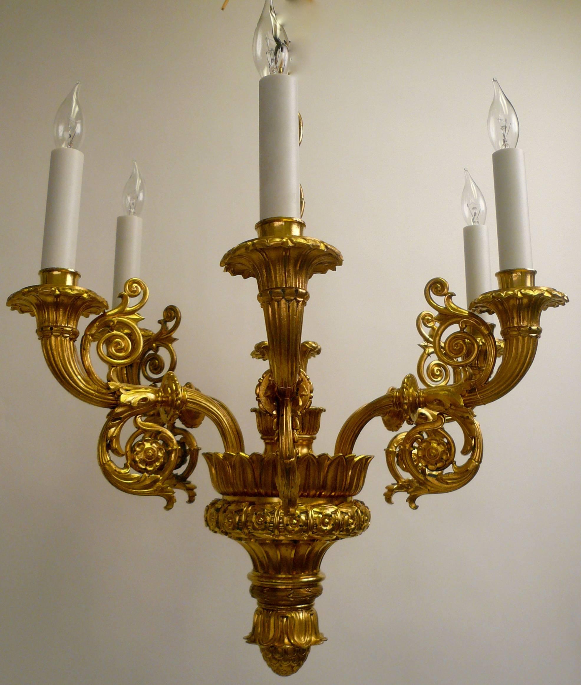 This Neo-Classical style ormolu fixture is of the finest quality, made of cast, and hand chased bronze.