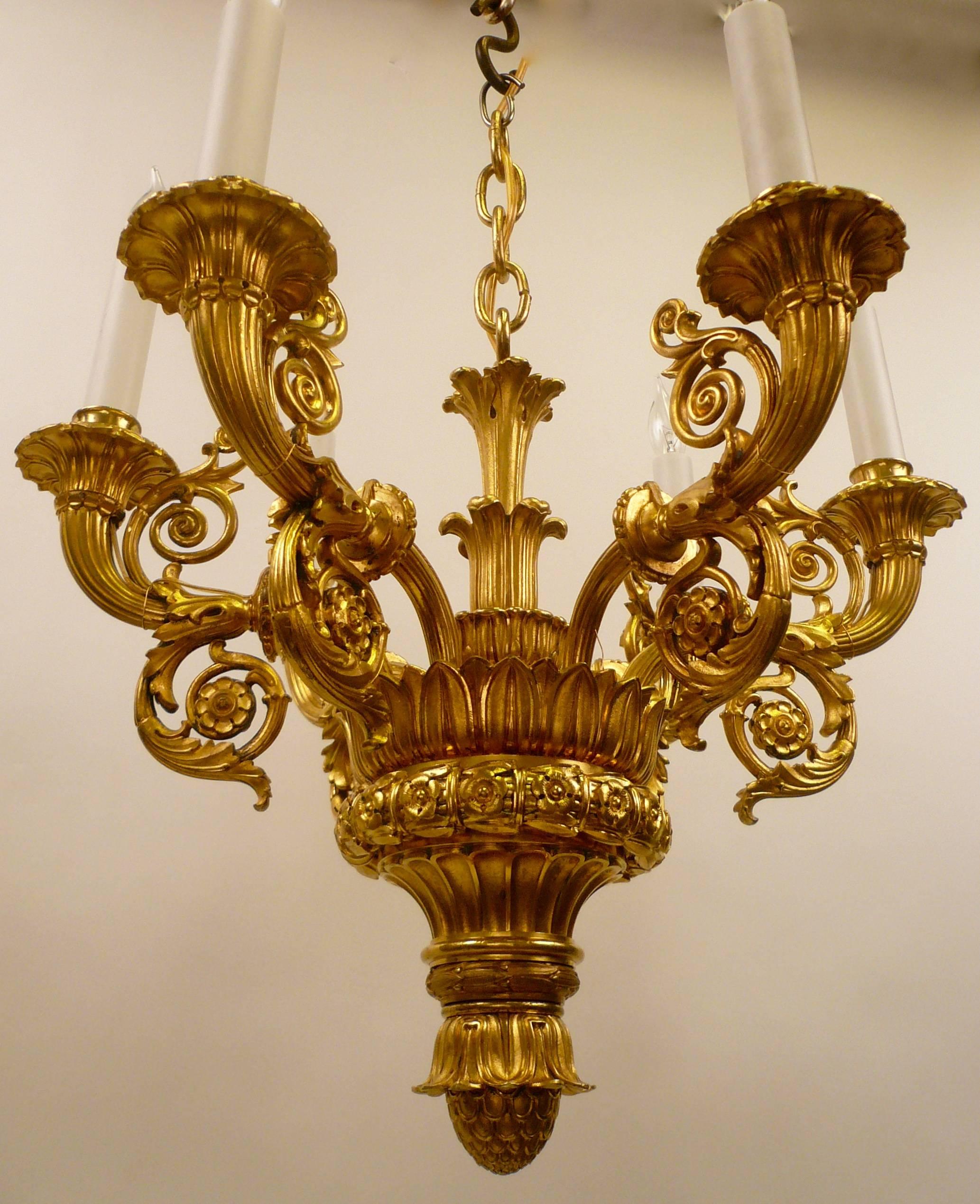 19th Century French Empire Style Six Light Gilt Bronze Chandelier 1