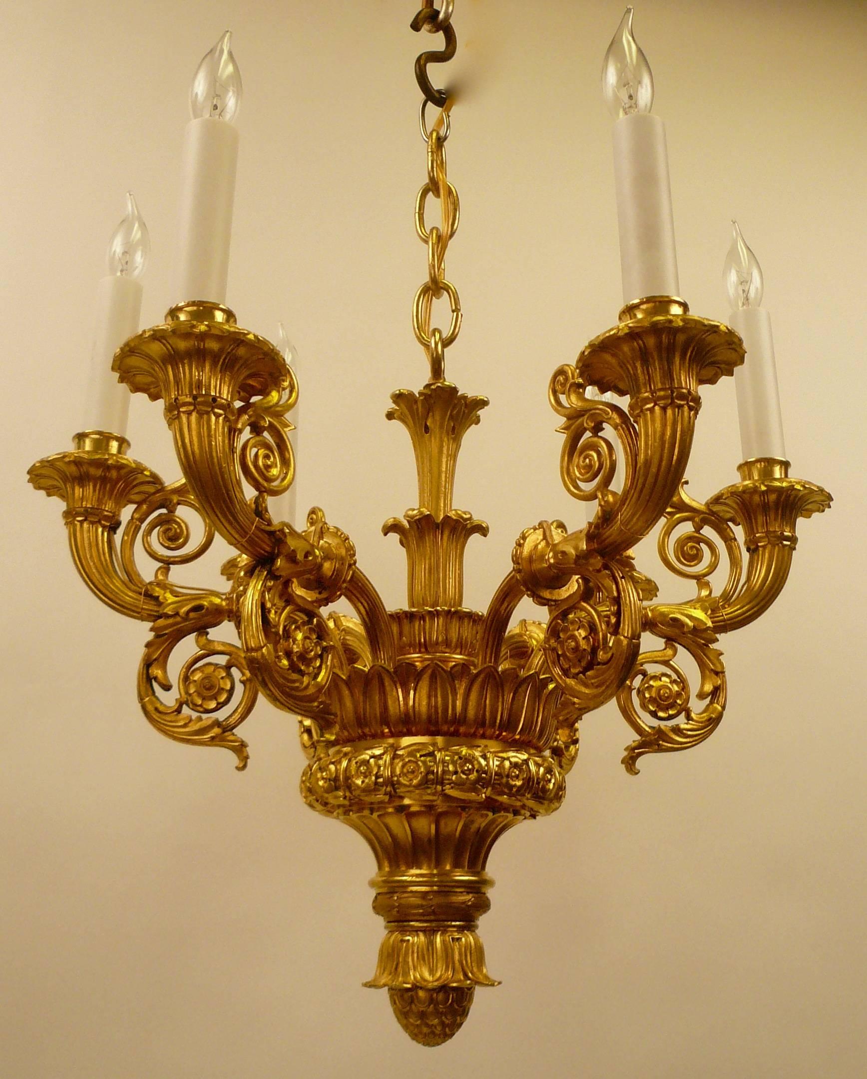 19th Century French Empire Style Six Light Gilt Bronze Chandelier 4
