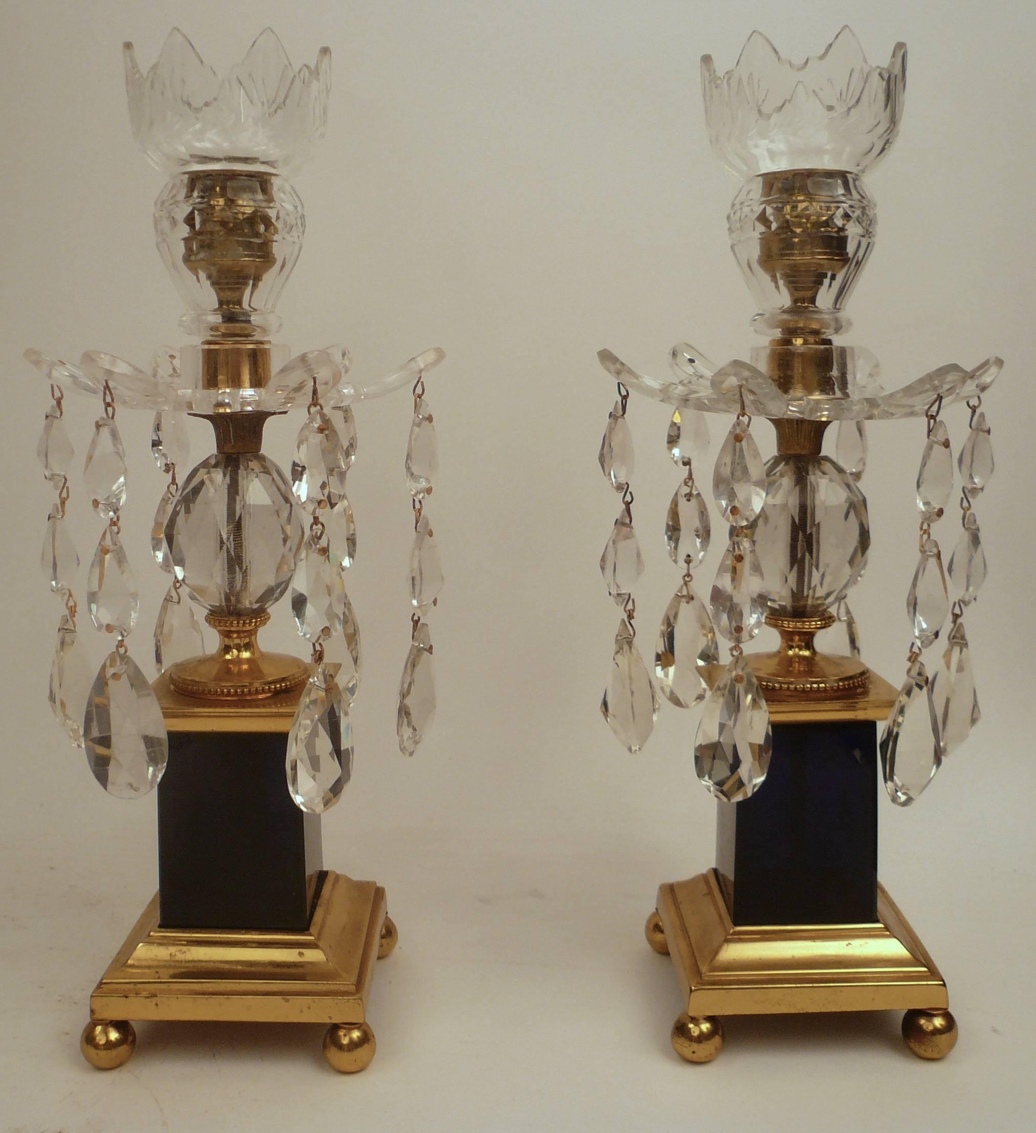 Pair George III Style Gilt Bronze, Cobalt Blue Glass, and Crystal Candlesticks For Sale 1