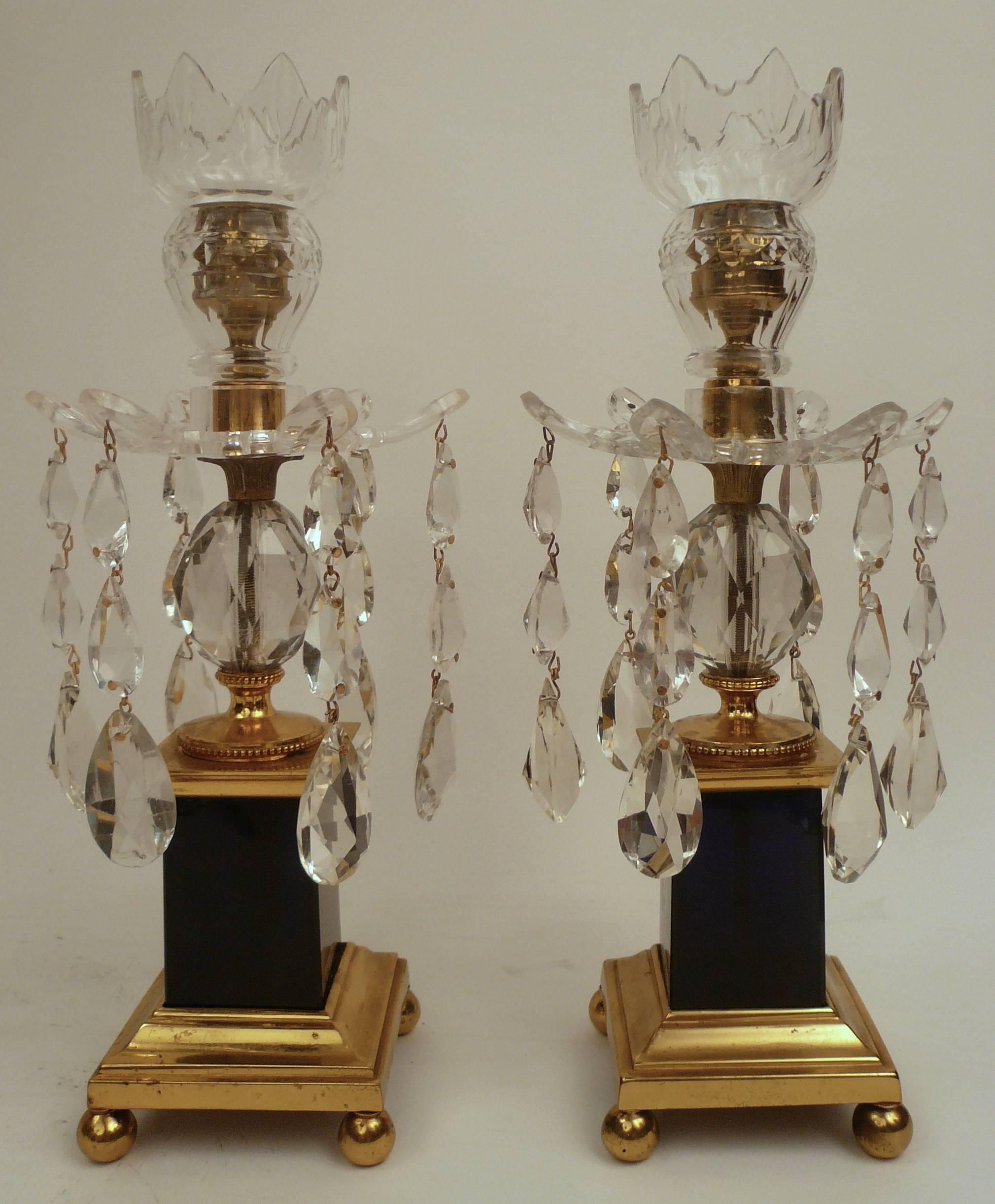 English Pair George III Style Gilt Bronze, Cobalt Blue Glass, and Crystal Candlesticks For Sale