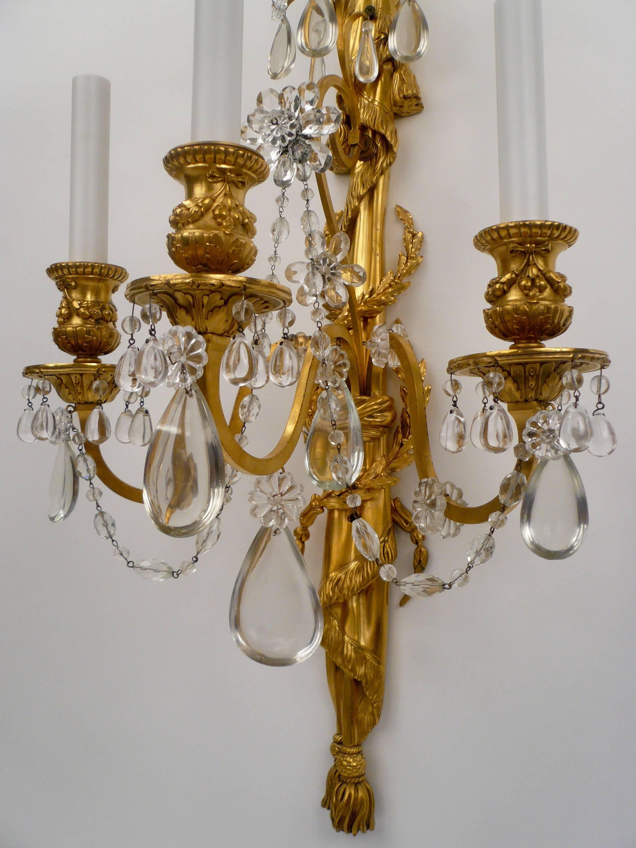 American Four E. F. Caldwell Gilt Bronze and Crystal Three Light Sconces