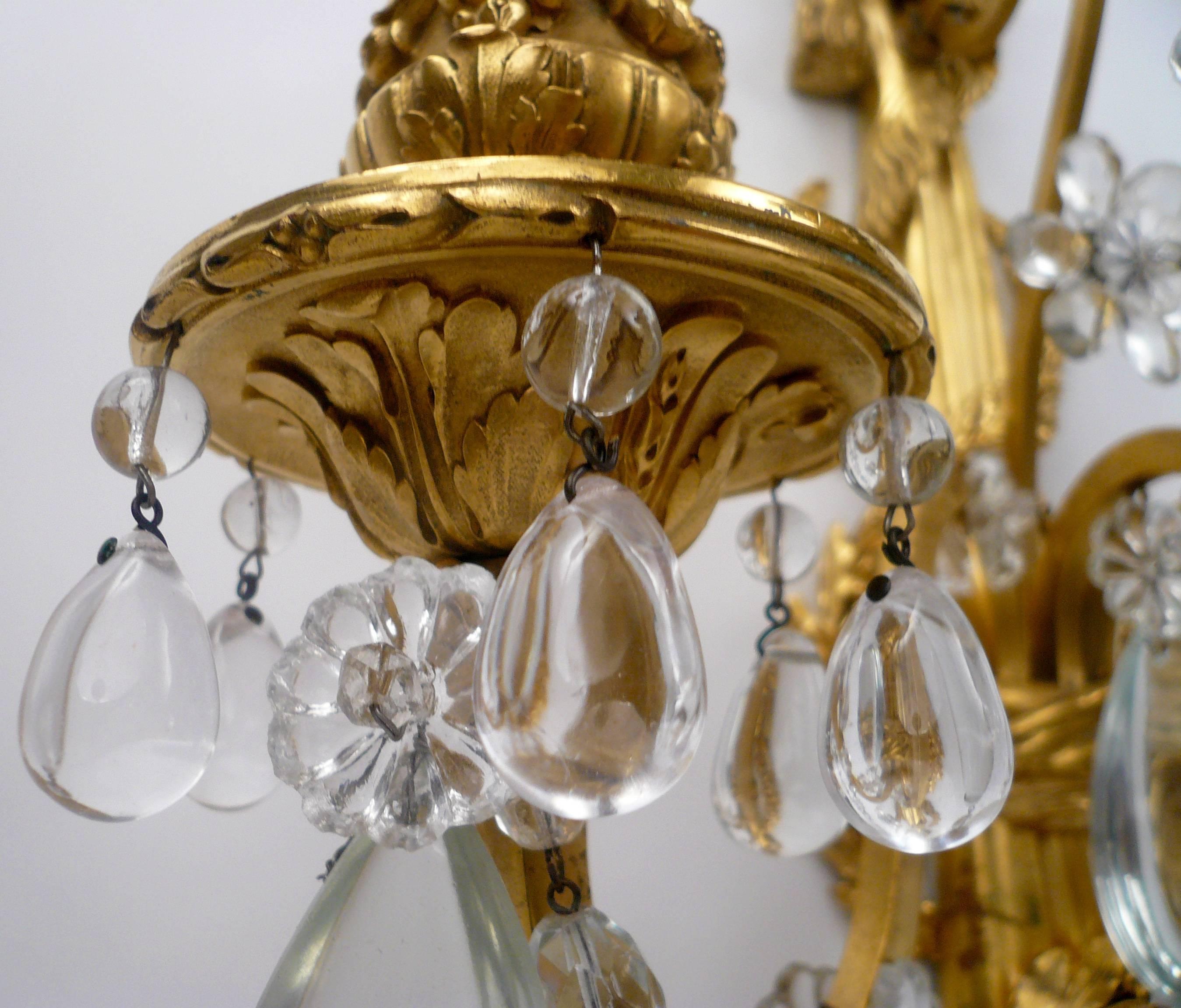 Four E. F. Caldwell Gilt Bronze and Crystal Three Light Sconces In Excellent Condition In Pittsburgh, PA