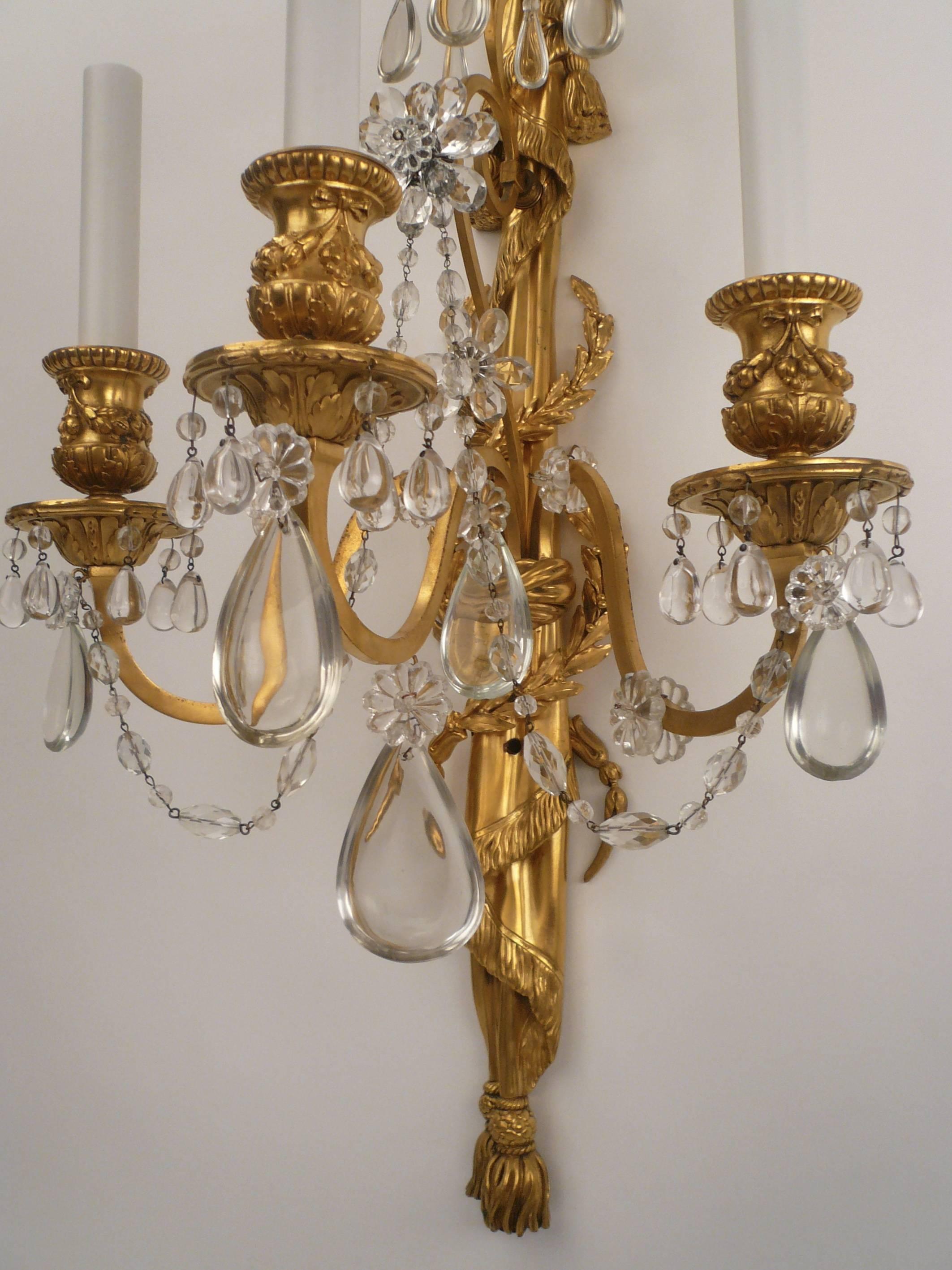 20th Century Four E. F. Caldwell Gilt Bronze and Crystal Three Light Sconces