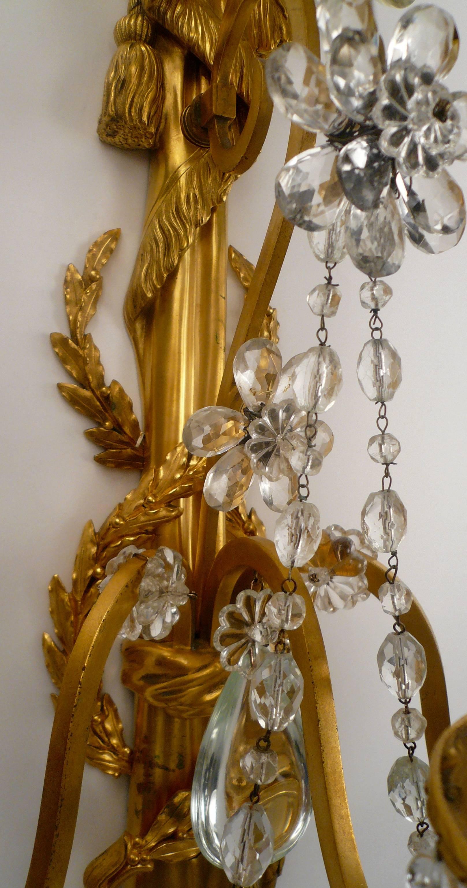 Faceted Four E. F. Caldwell Gilt Bronze and Crystal Three Light Sconces