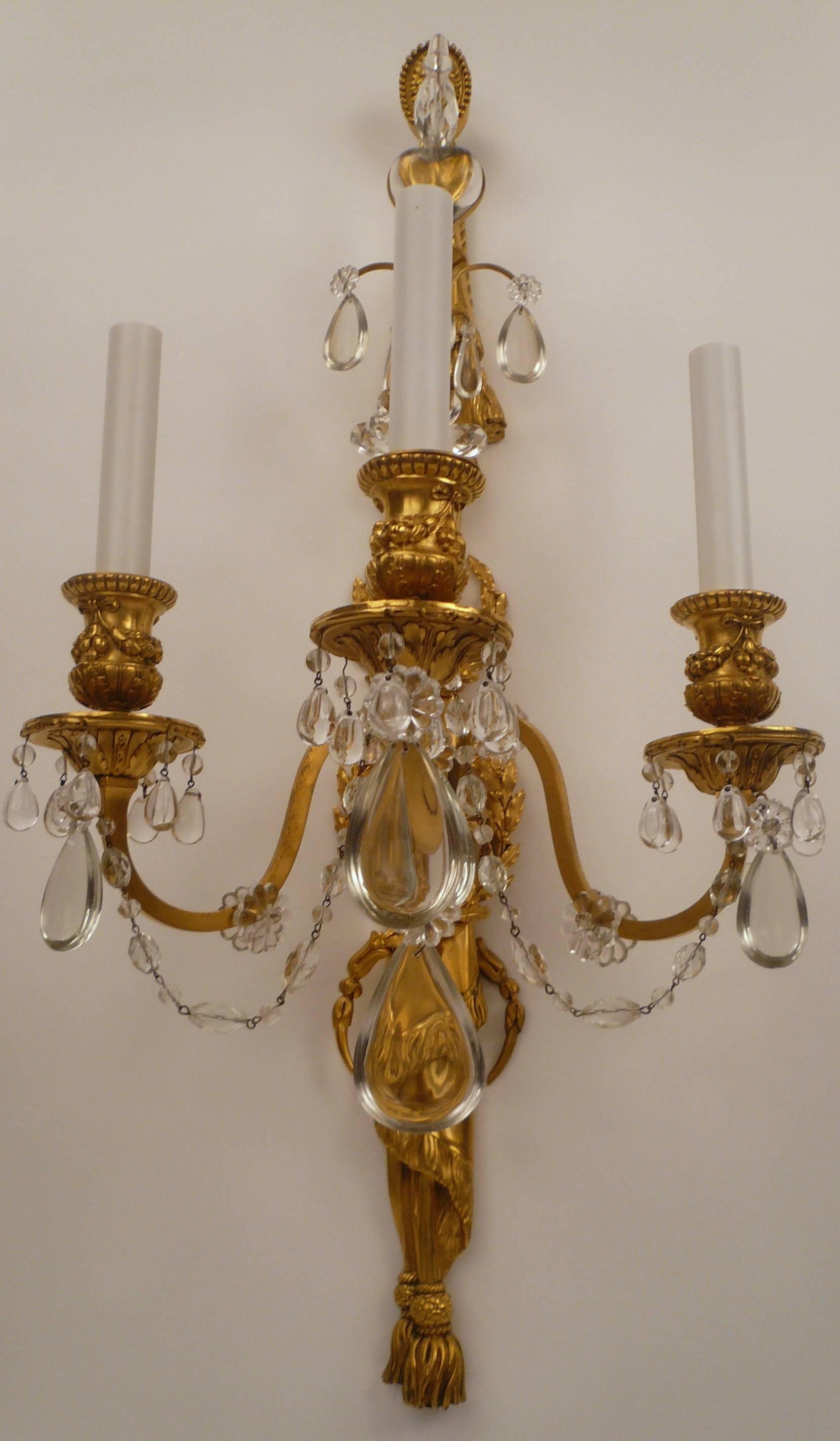 Neoclassical Four E. F. Caldwell Gilt Bronze and Crystal Three Light Sconces