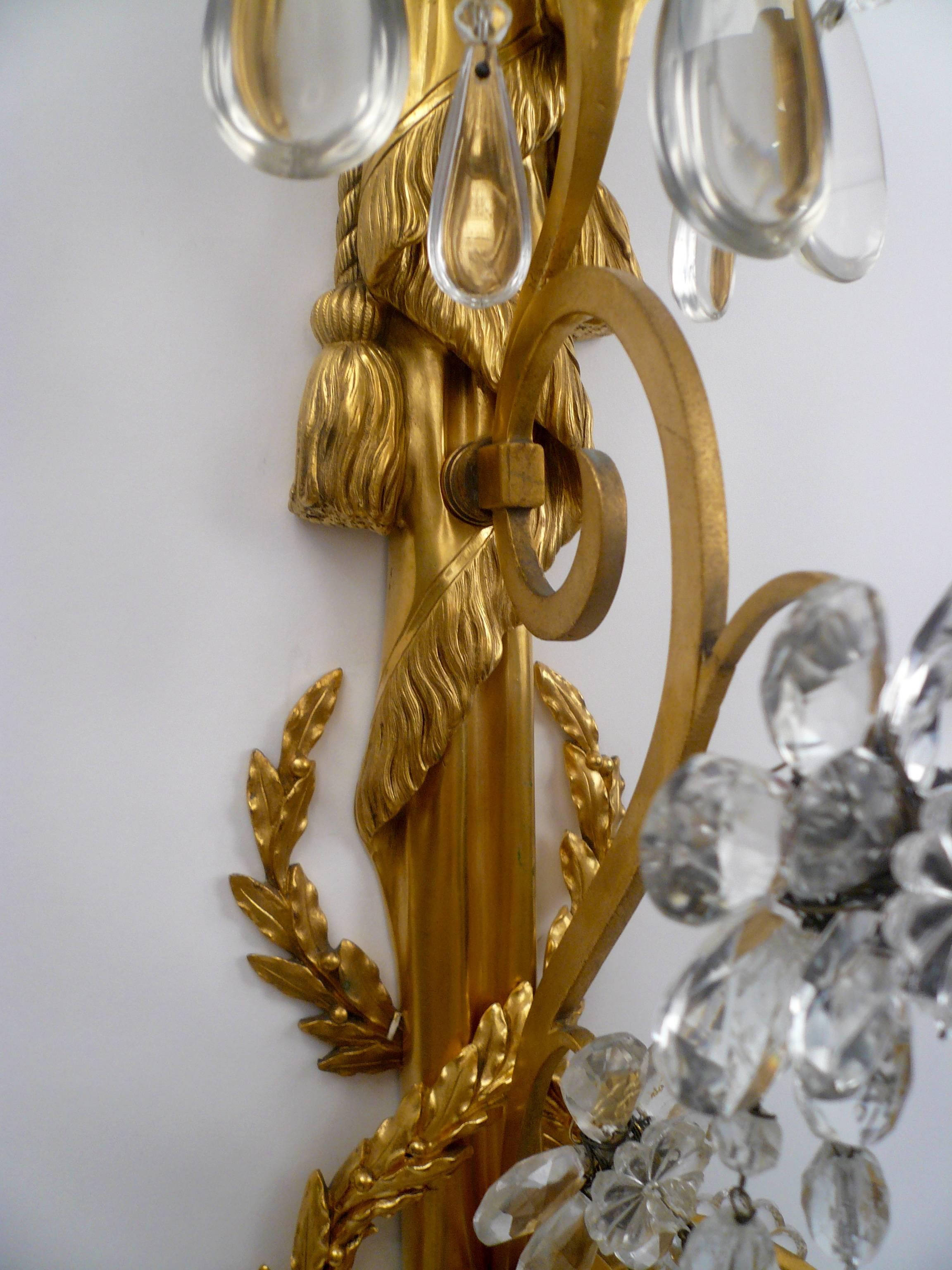 Four E. F. Caldwell Gilt Bronze and Crystal Three Light Sconces 2