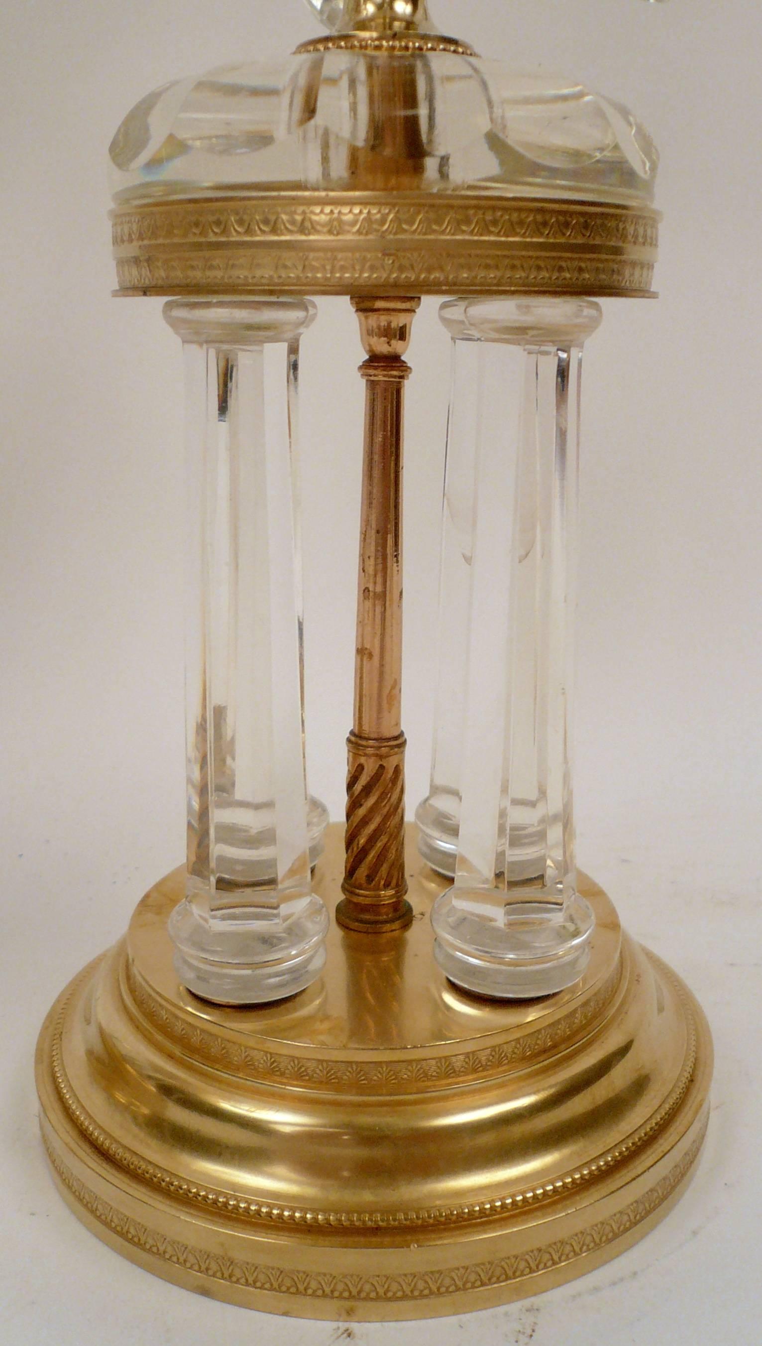 Faceted Pair of Bronze and Crystal Temple Form Candlesticks Attributed to Parker & Perry For Sale