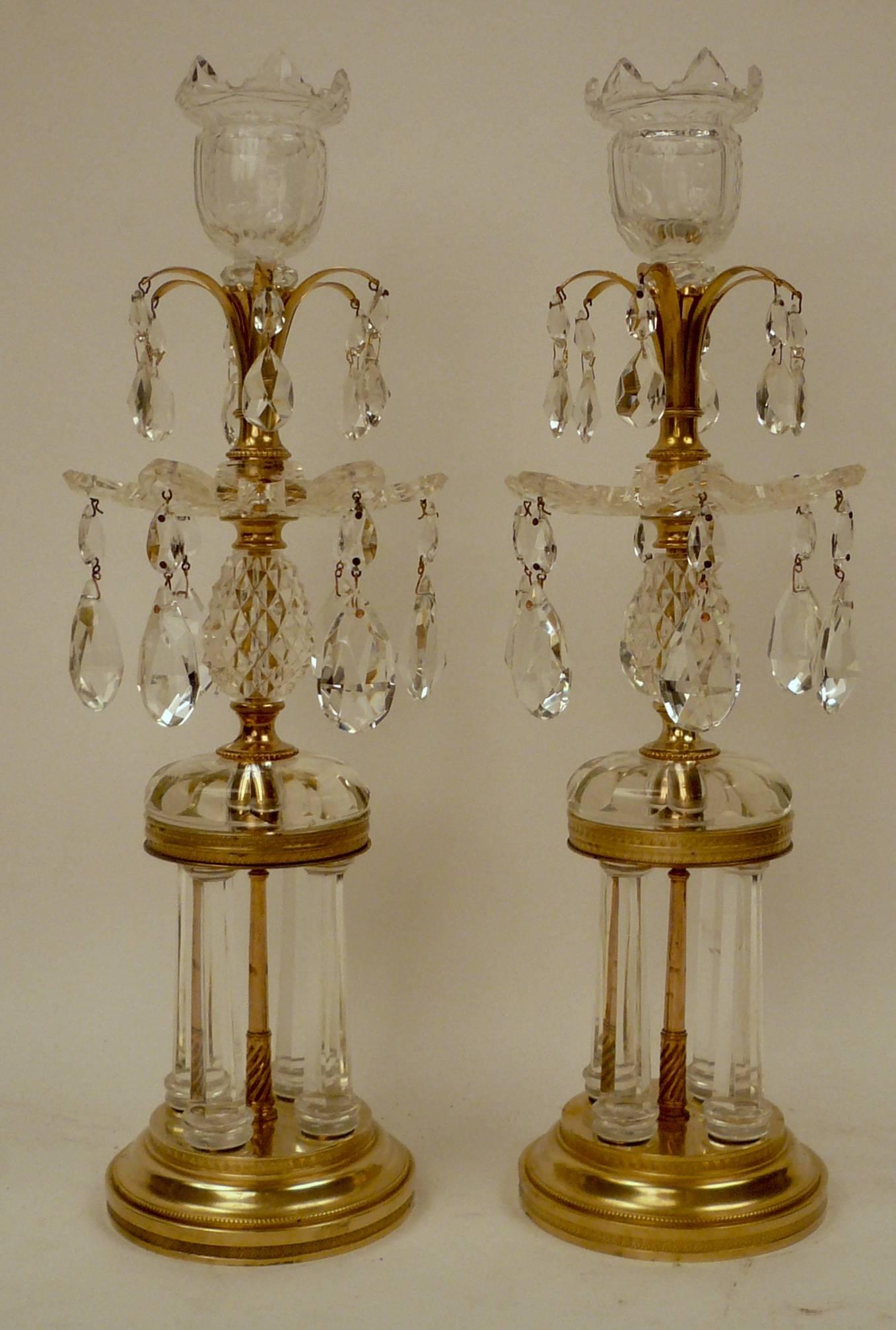 Pair of Bronze and Crystal Temple Form Candlesticks Attributed to Parker & Perry For Sale 1