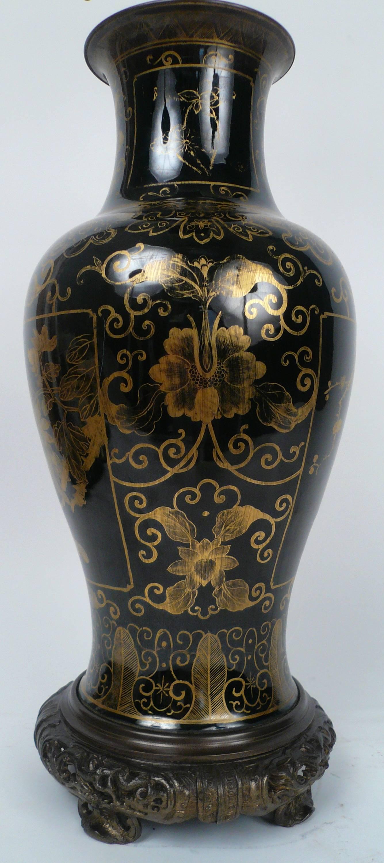 Chinese Gilt Chinoiserie Decorated, Black Glazed Porcelain Vase, Electrified In Excellent Condition In Pittsburgh, PA