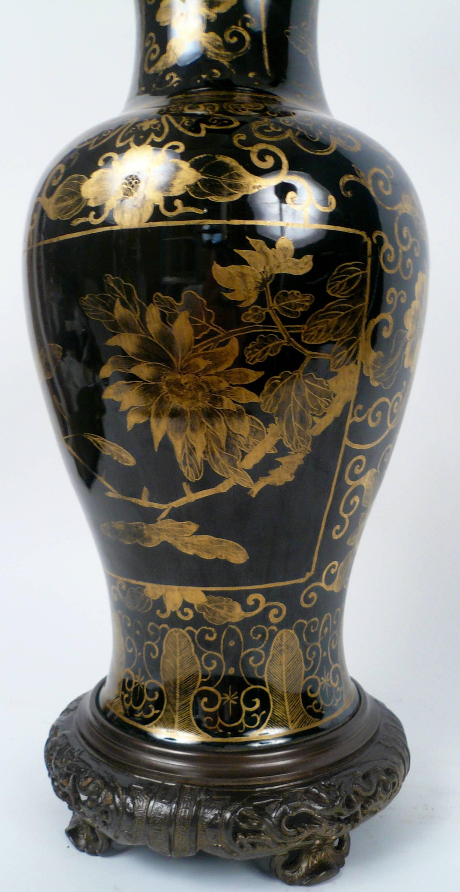 Chinese Gilt Chinoiserie Decorated, Black Glazed Porcelain Vase, Electrified 1