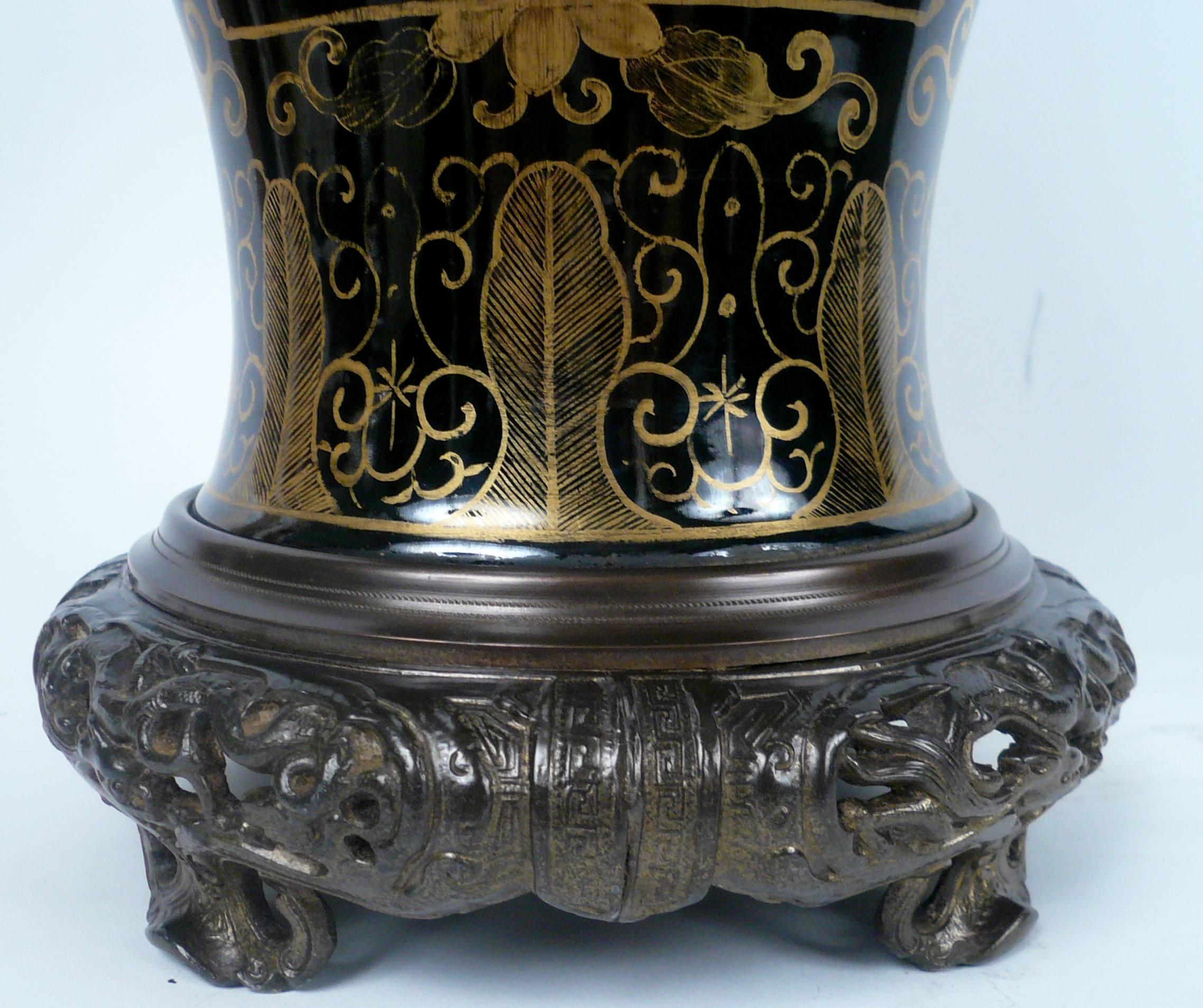 Chinese Export Chinese Gilt Chinoiserie Decorated, Black Glazed Porcelain Vase, Electrified