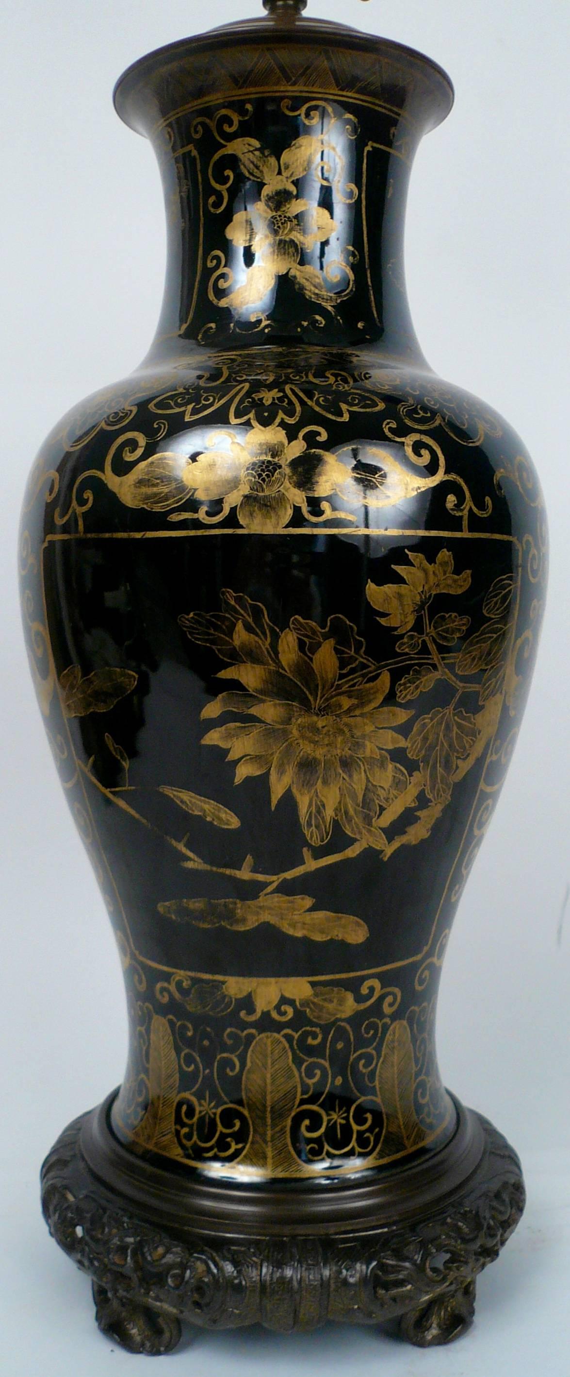 Chinese Gilt Chinoiserie Decorated, Black Glazed Porcelain Vase, Electrified 2