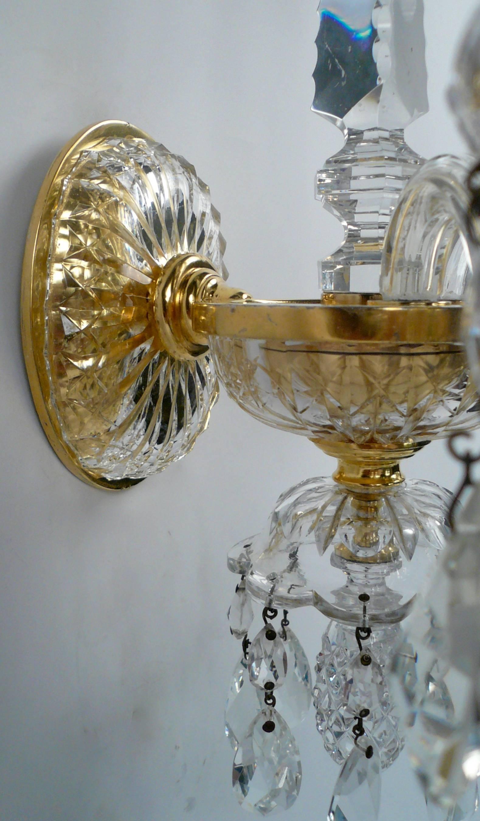 Faceted Set of Four Gilt Bronze and Crystal Georgian Style Sconces by E. F. Caldwell