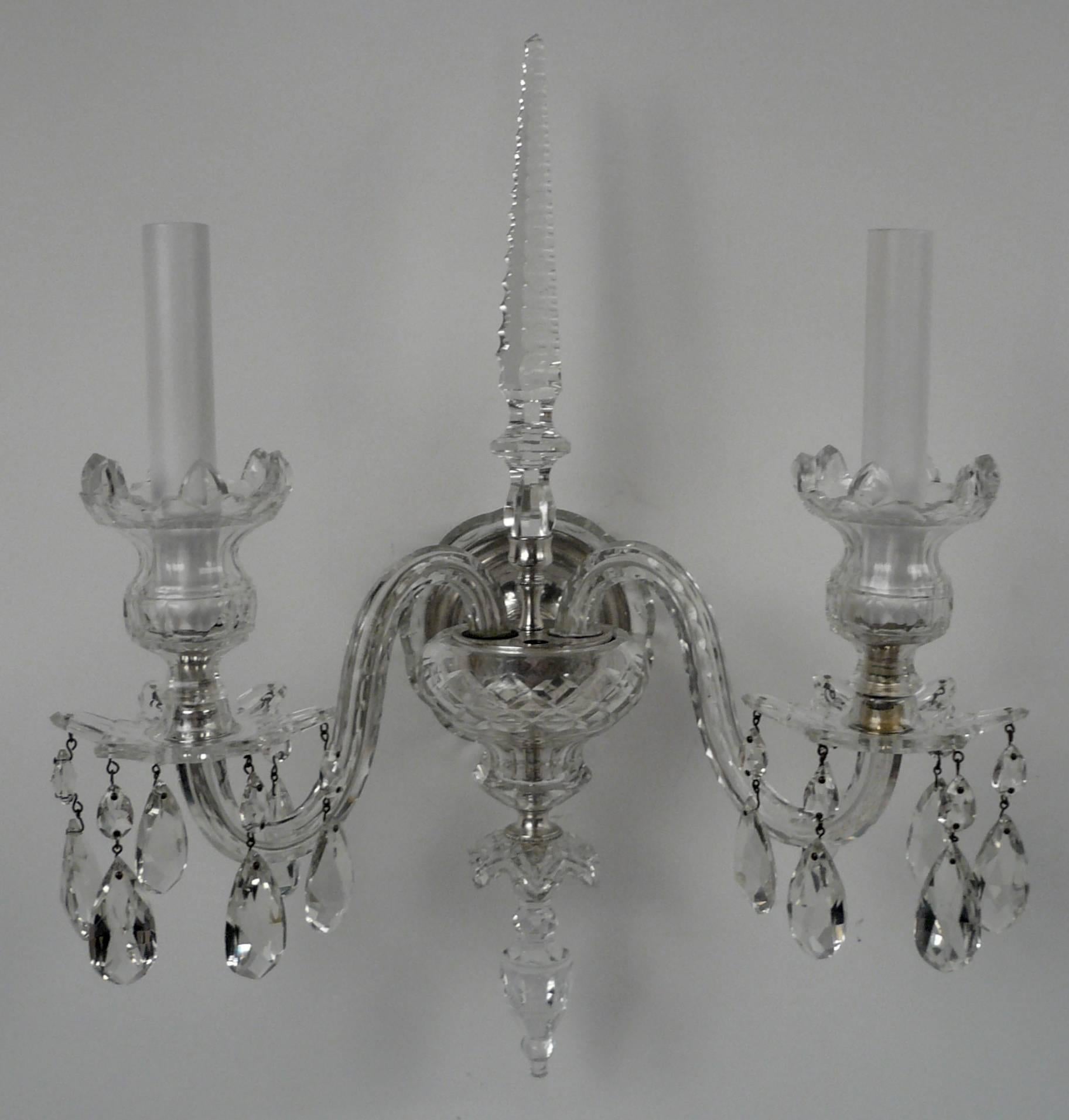 Faceted Pair of Georgian Style Cut Crystal Sconces with Silvered Bronze Fittings