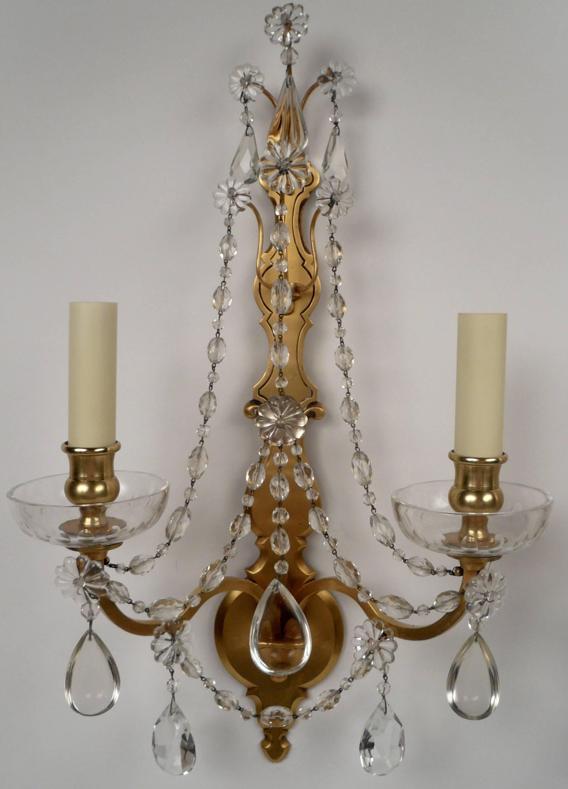 This fine pair of sconces by The Sterling Bronze Co. have there original finish and prisms and are newly wired.
