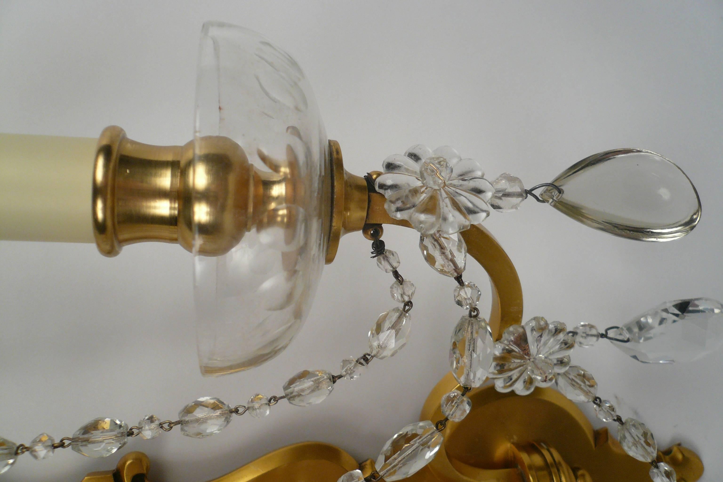 Pair of Gilt Bronze and Crystal Two Light Sconces by Sterling Bronze Co. N.Y In Excellent Condition For Sale In Pittsburgh, PA
