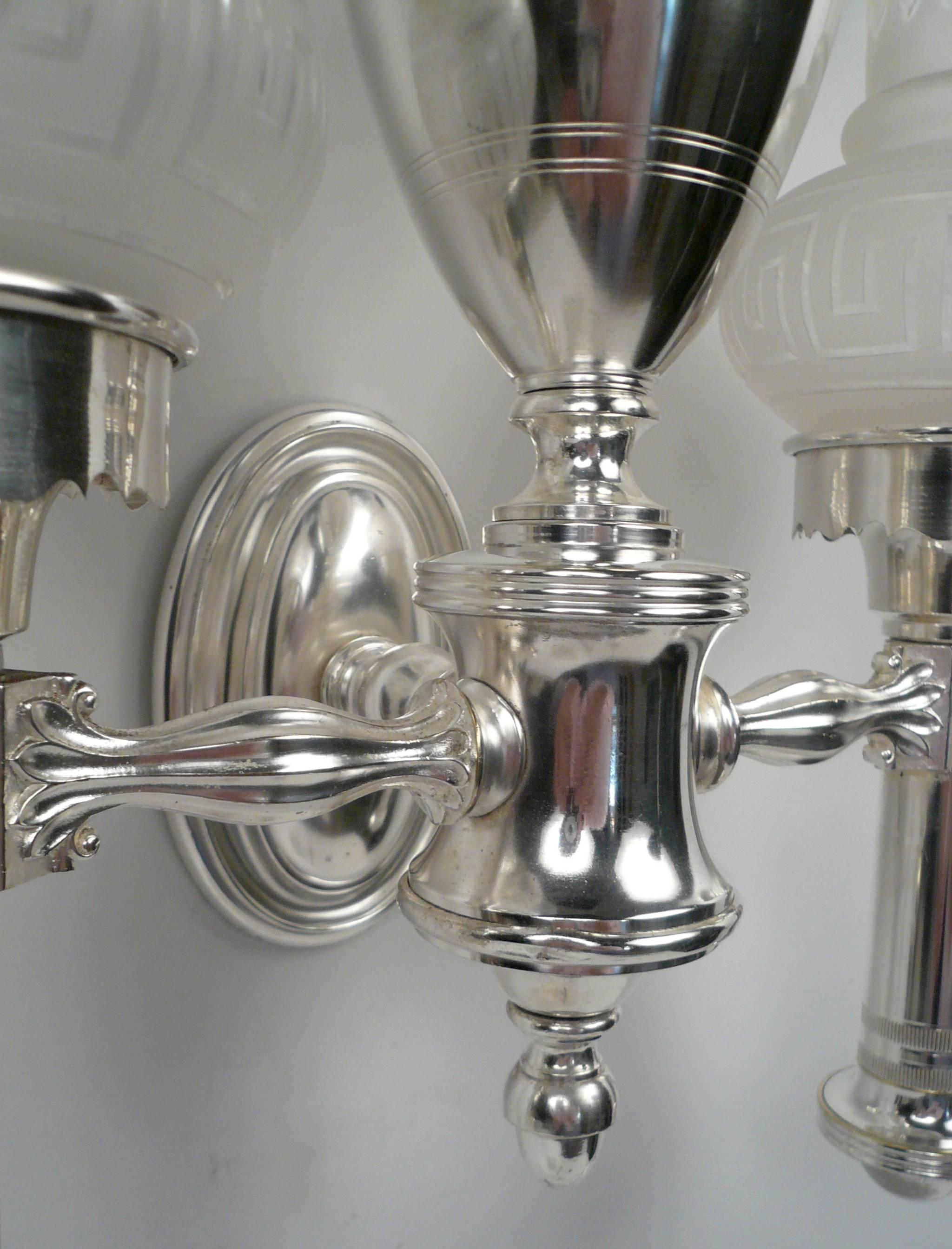 Etched Set of Four Argand Style Two-Light Sconces For Sale