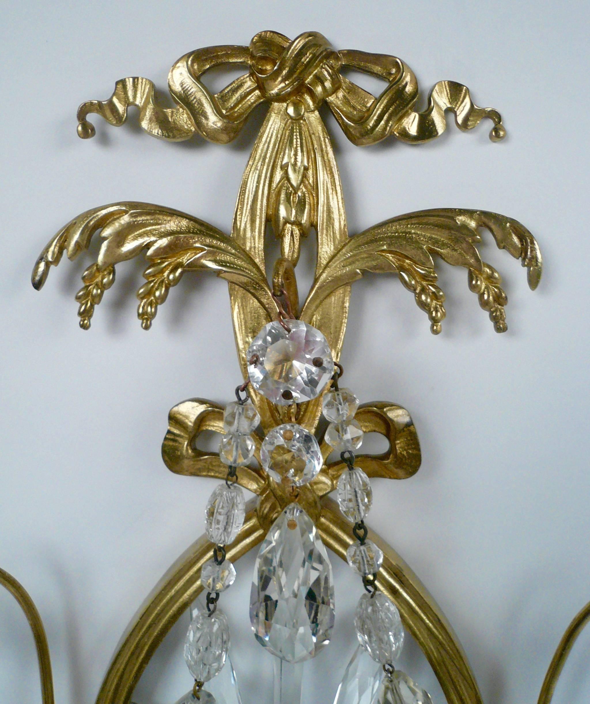 Neoclassical Pair of E. F. Caldwell Cut Crystal and Brass Two-Light Sconces