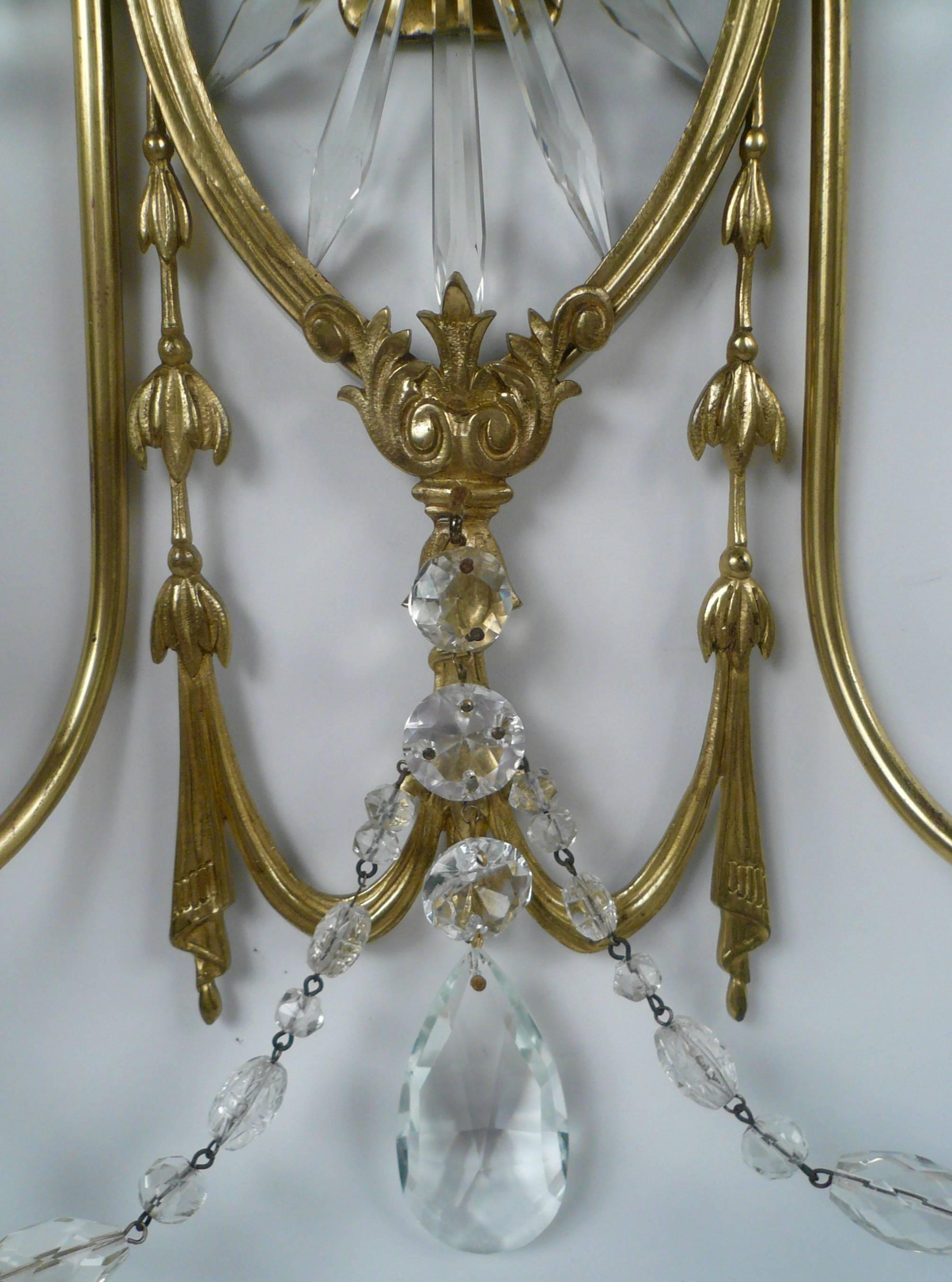 American Pair of E. F. Caldwell Cut Crystal and Brass Two-Light Sconces