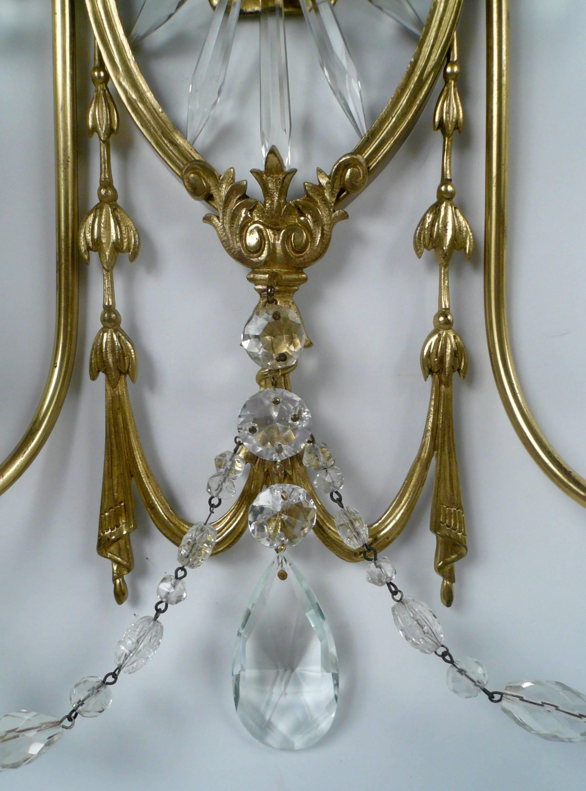 Faceted Pair of E. F. Caldwell Cut Crystal and Brass Two-Light Sconces