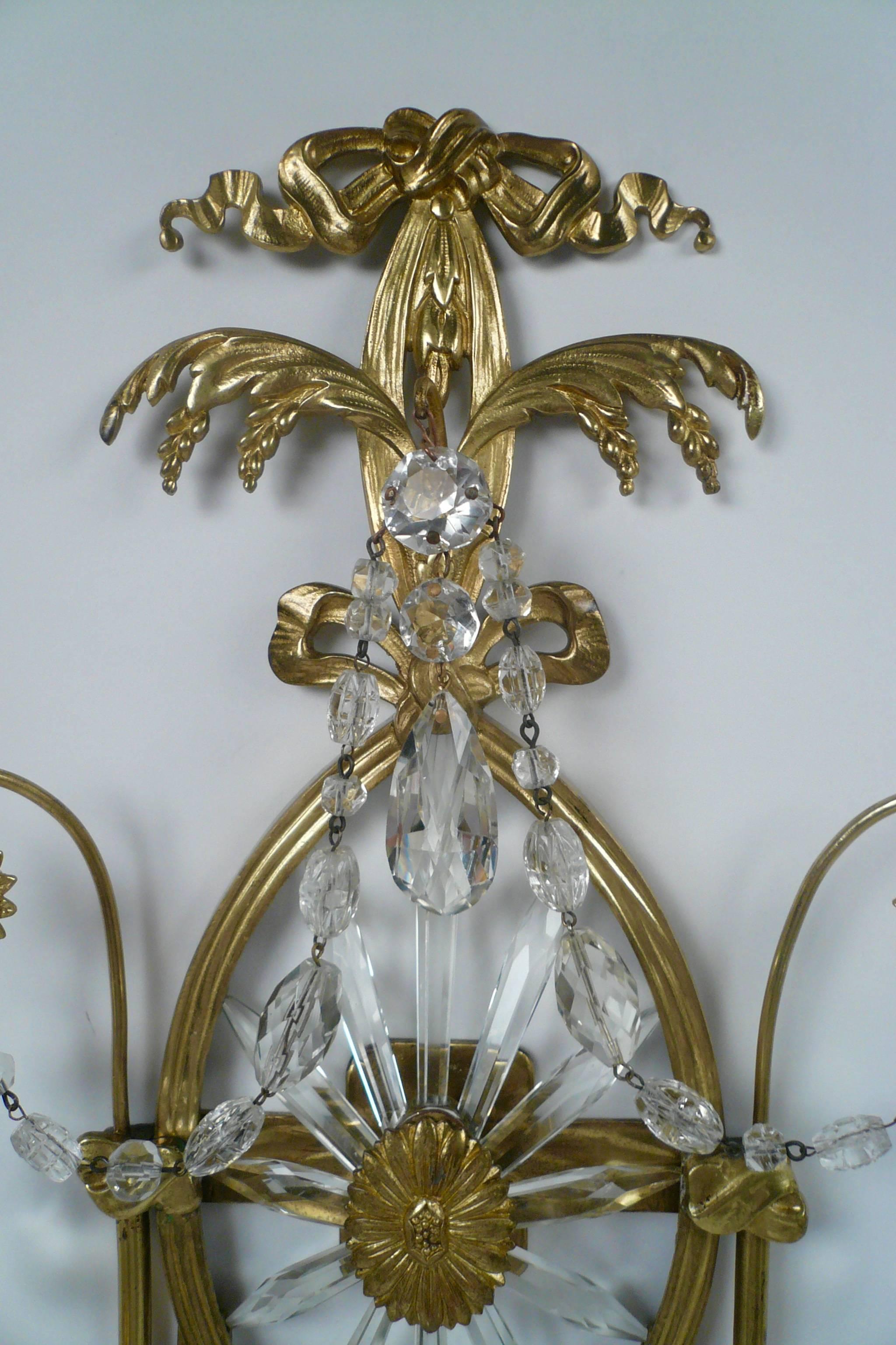 Pair of E. F. Caldwell Cut Crystal and Brass Two-Light Sconces In Excellent Condition In Pittsburgh, PA