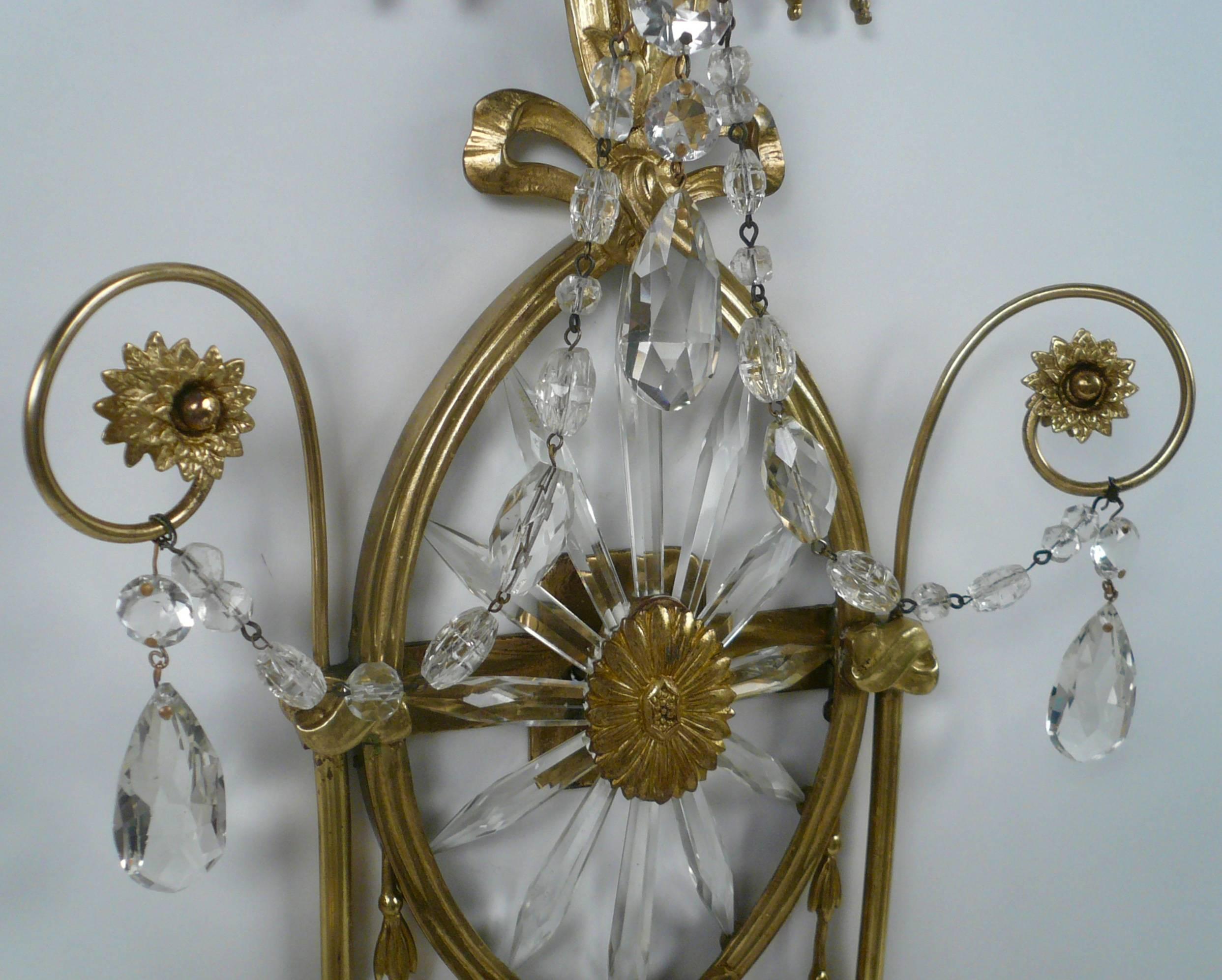 20th Century Pair of E. F. Caldwell Cut Crystal and Brass Two-Light Sconces